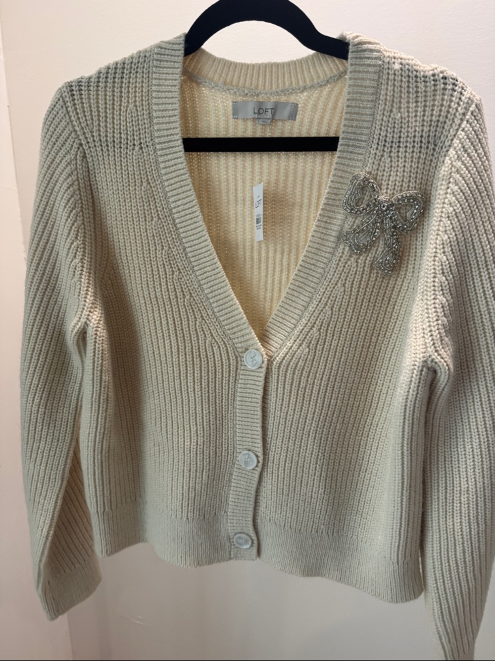 LOFT Cream Ribbed Button-Front Cardigan with Beaded Bow